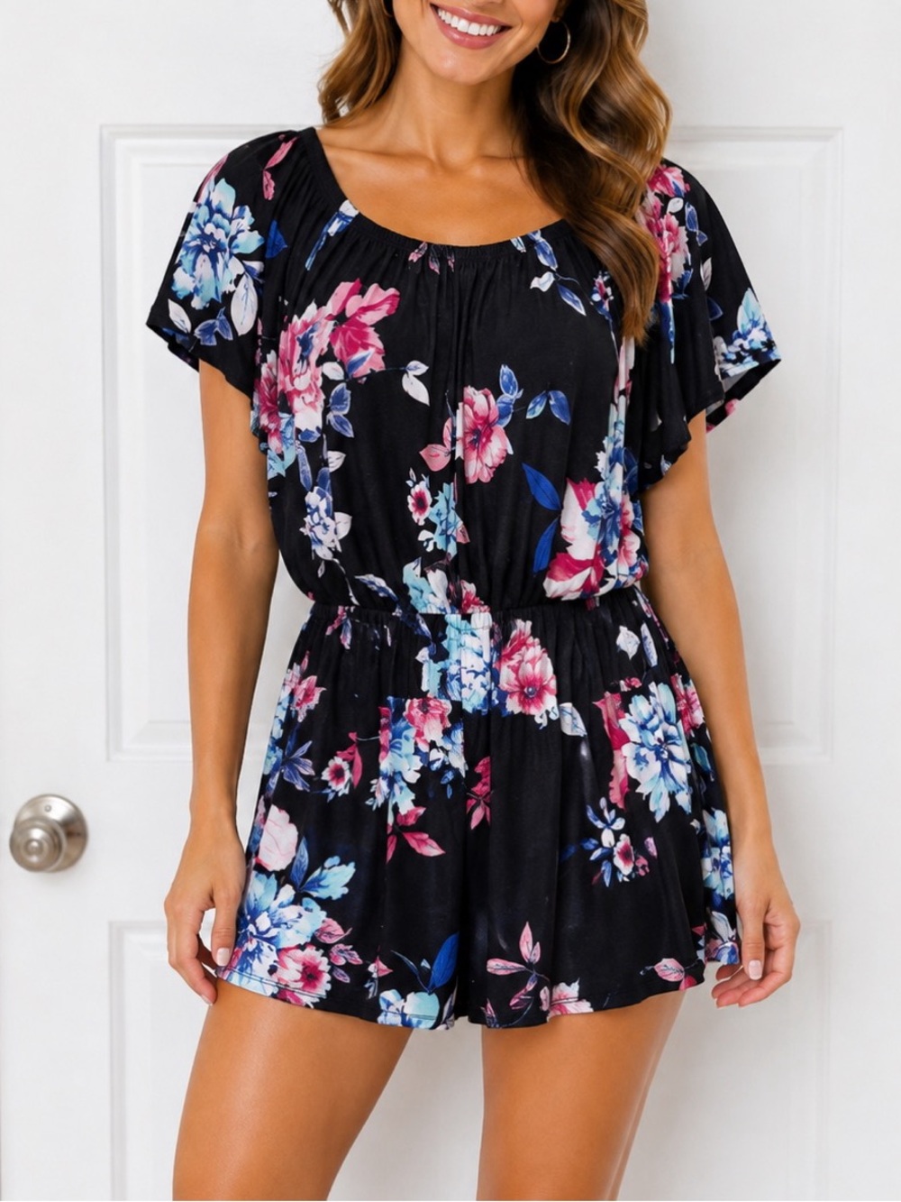Emerald Boutique Black Floral Print Romper